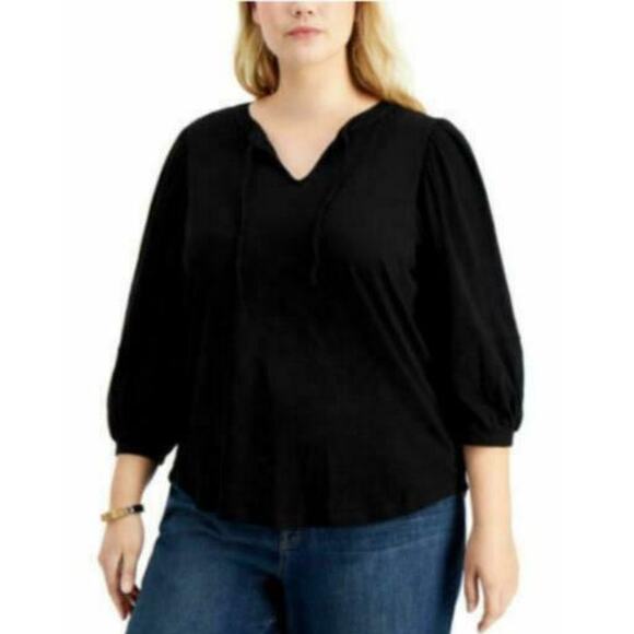 Style & Co Blouse 0X Balloon Sleeve Tassel Ties Black Split Neck Career Layering - Picture 3 of 8